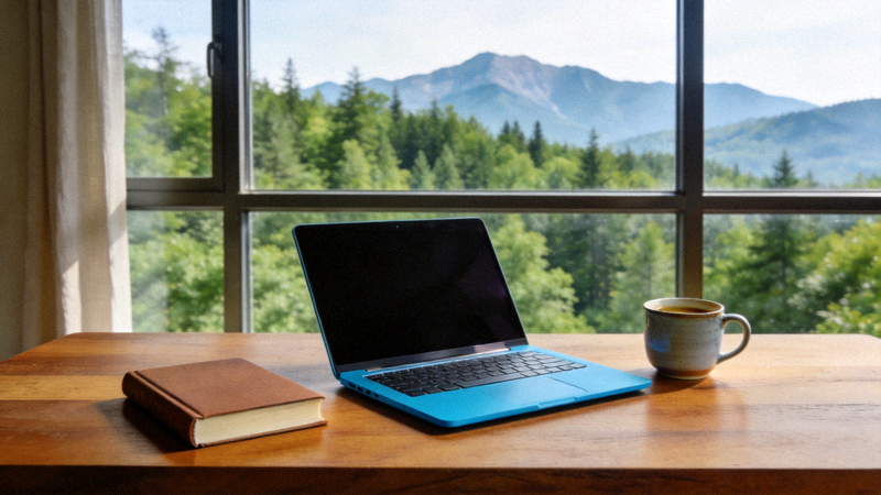 디지털 활동과 현실 생활의 균형을 상징하는 이미지: 노트북과 책, 커피, 자연 풍경이 조화롭게 배치됨