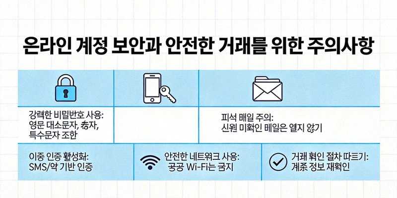 온라인 계정 보안과 안전한 거래를 위한 주의사항 그래픽